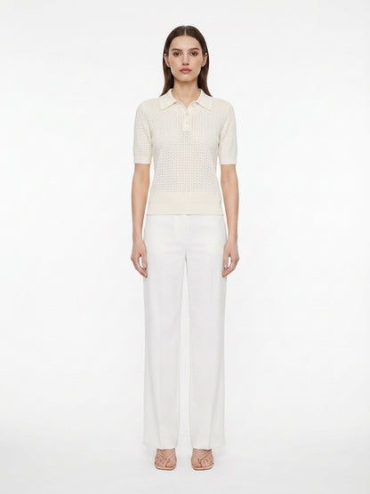 LadyLuxury | Pointelle Knit Polo - Short Sleeve Cotton-Blend Summer Sweater
