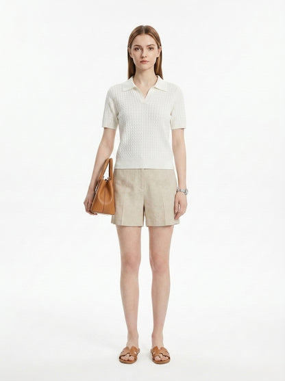 LadyLuxury | Women's Cable-Knit Short Sleeve Polo Sweater - Old Money Aesthetic