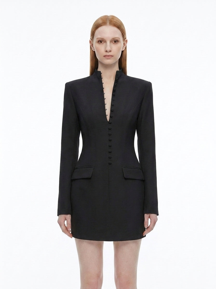 LadyLuxury | Modern Minimalist Blazer Dress - Structured Hourglass Suit Dress with Mandarin Collar