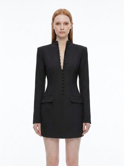 LadyLuxury | Modern Minimalist Blazer Dress - Structured Hourglass Suit Dress with Mandarin Collar