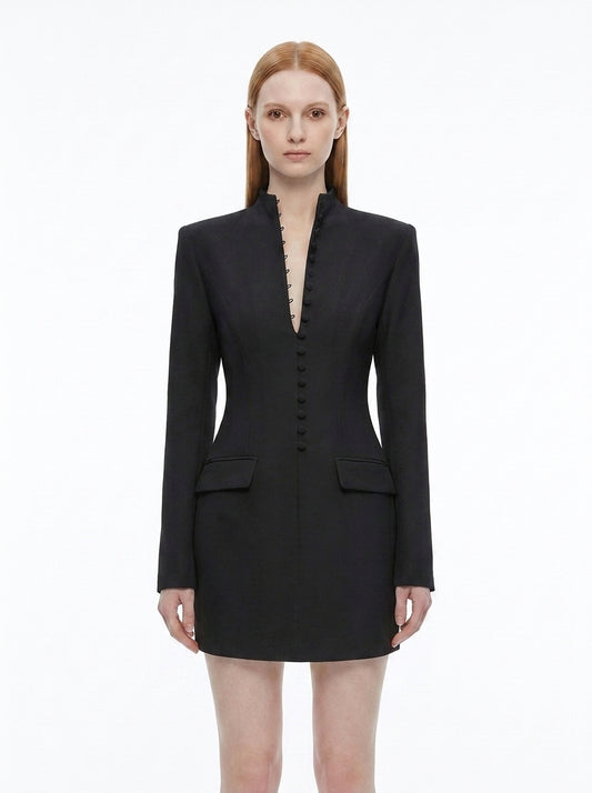 LadyLuxury | Modern Minimalist Blazer Dress - Structured Hourglass Suit Dress with Mandarin Collar