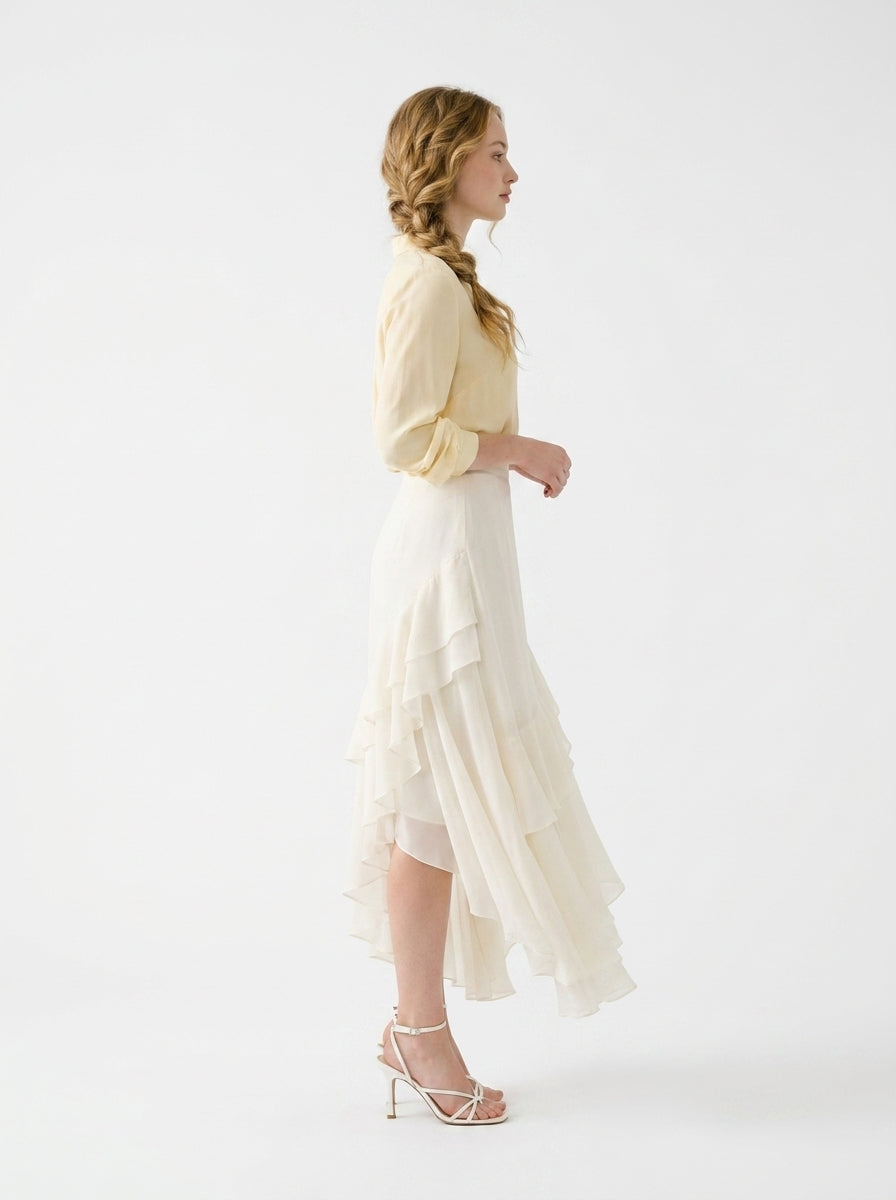 LadyLuxury Elegant Chiffon Fishtail Midi Skirt - High-Waisted A-Line Design