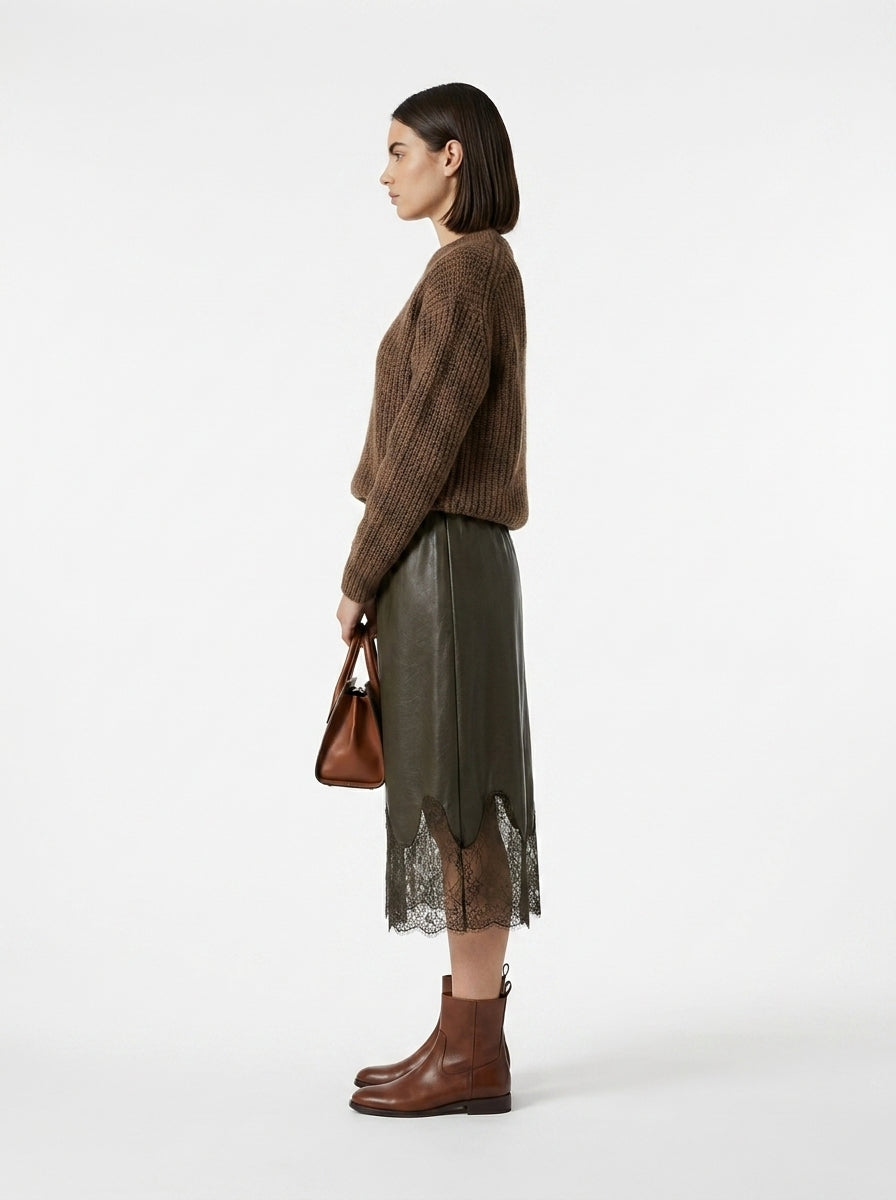 LadyLuxury | Elegant A-Line Midi Skirt with Leather Splicing and Lace Accents