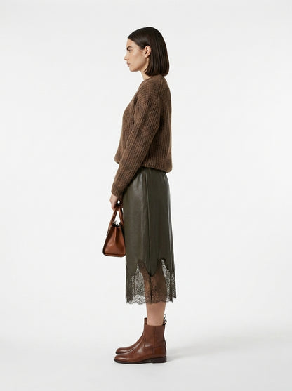 LadyLuxury | Elegant A-Line Midi Skirt with Leather Splicing and Lace Accents