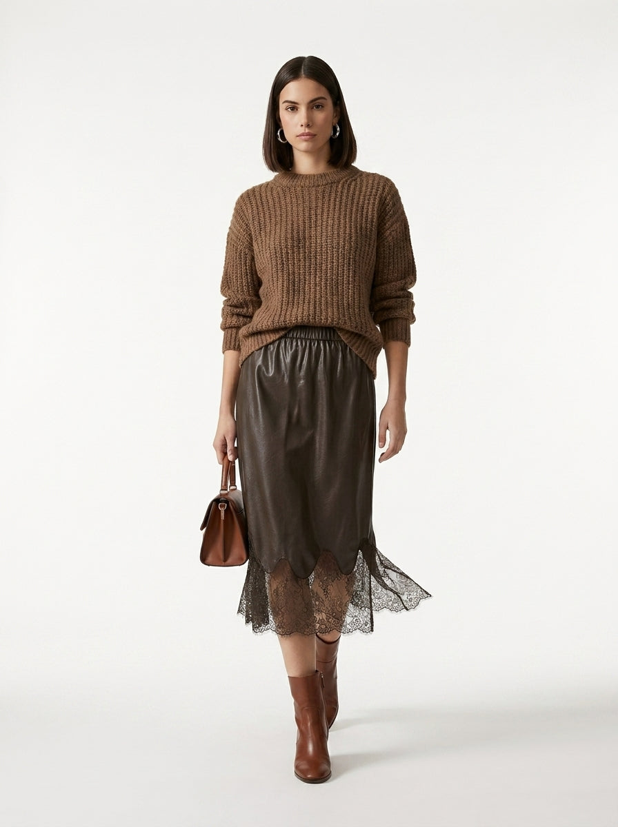 LadyLuxury | Elegant A-Line Midi Skirt with Leather Splicing and Lace Accents