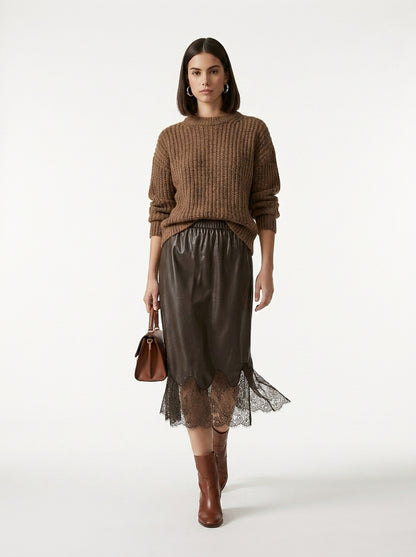 LadyLuxury | Elegant A-Line Midi Skirt with Leather Splicing and Lace Accents