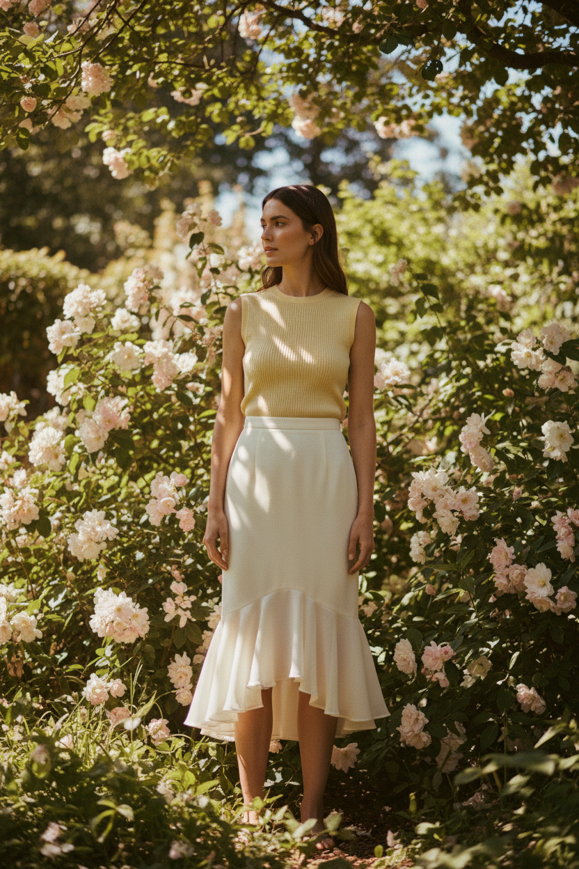Woman in a yellow top and white skirt standing in a garden with pink flowers.