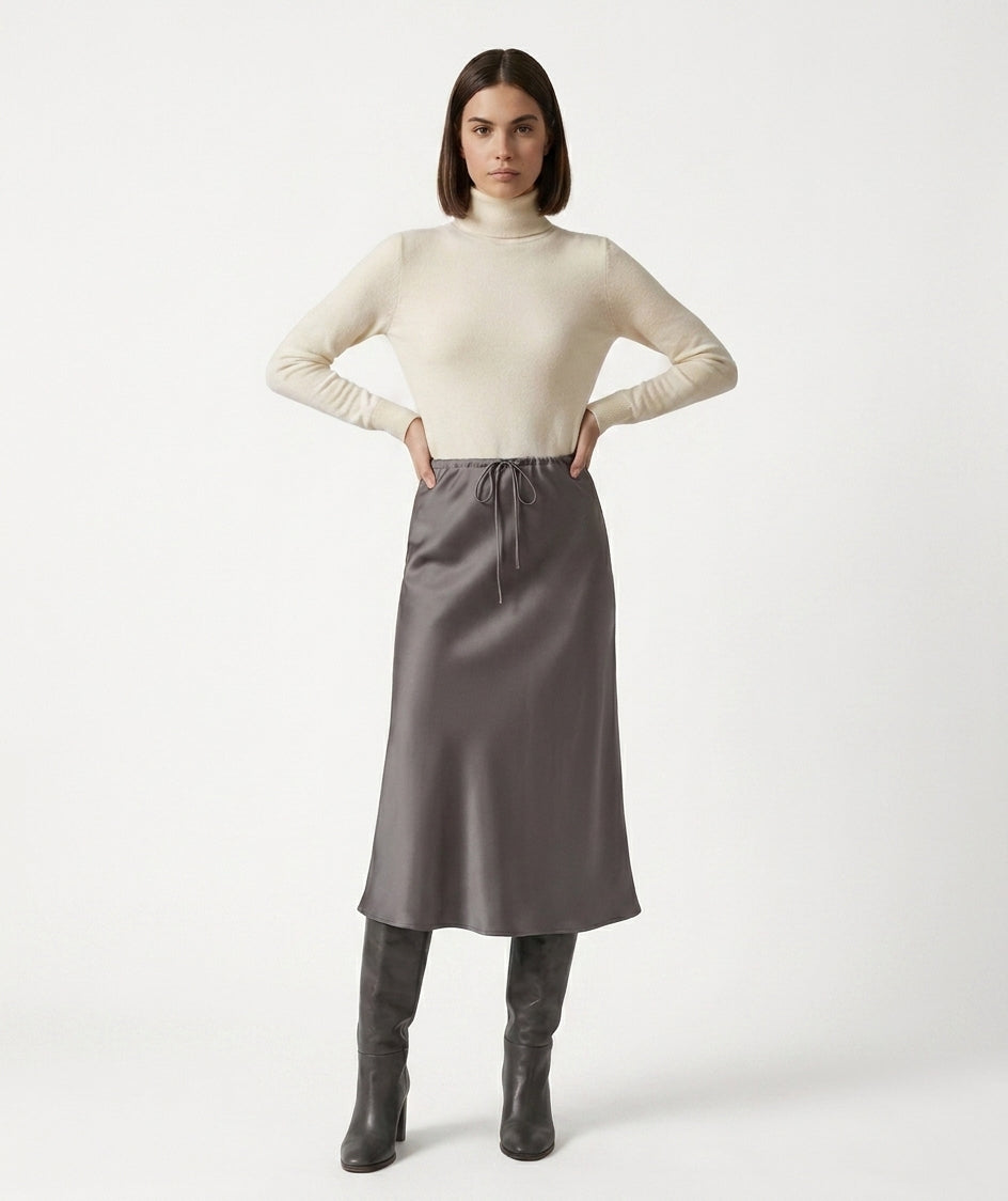 LadyLuxury | Elegant High-Waist Satin Maxi Skirt with Lace - Up Detail