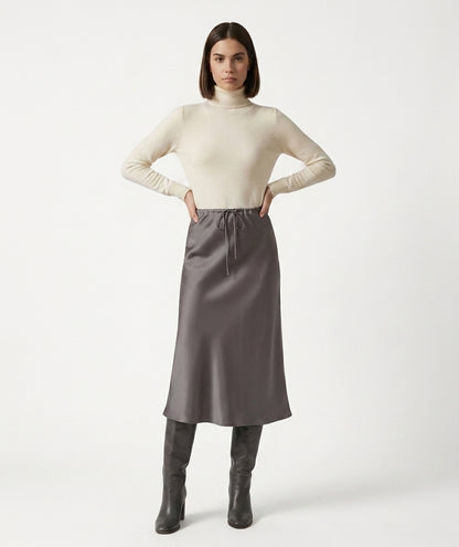 LadyLuxury | Elegant High-Waist Satin Maxi Skirt with Lace - Up Detail