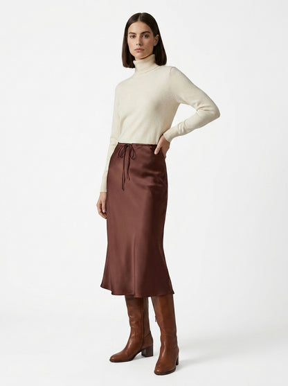 LadyLuxury | Elegant High-Waist Satin Maxi Skirt with Lace - Up Detail