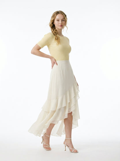 LadyLuxury Elegant Chiffon Fishtail Midi Skirt - High-Waisted A-Line Design