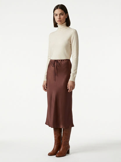 LadyLuxury | Elegant High-Waist Satin Maxi Skirt with Lace - Up Detail