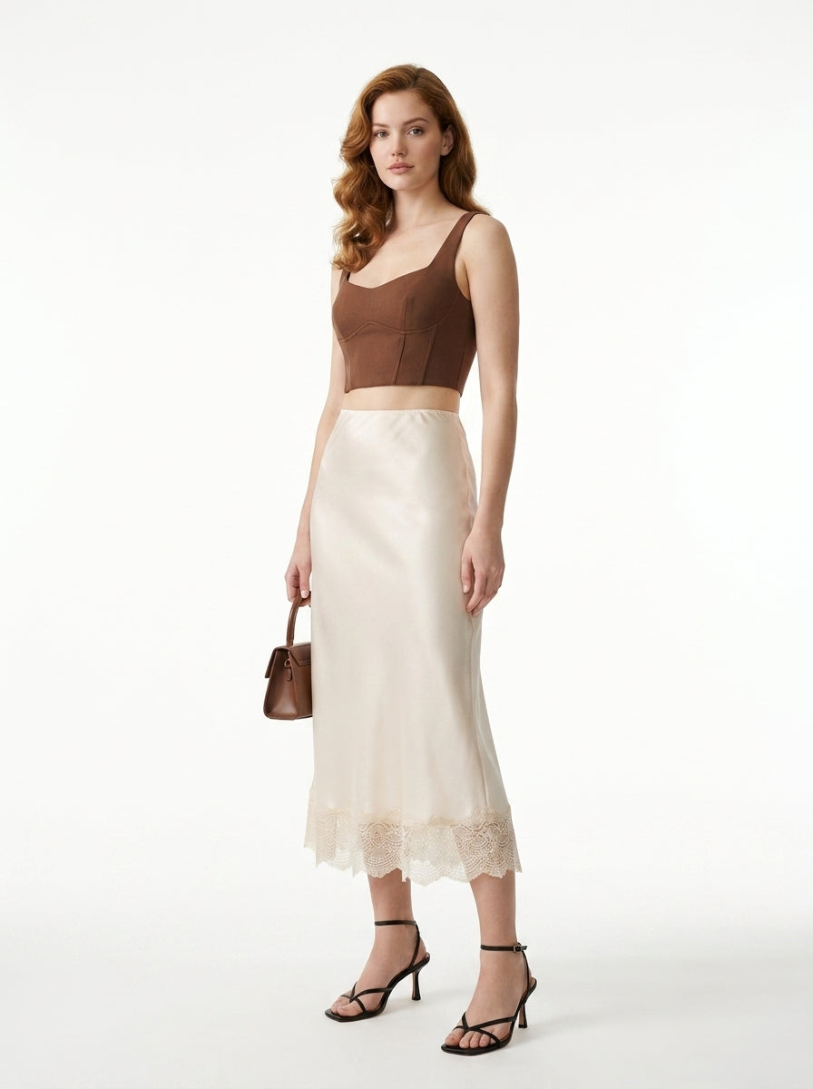 LadyLuxury Elegant Satin Lace Maxi Skirt - Luxury Silk-Feel Long Skirt