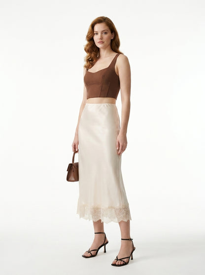 LadyLuxury Elegant Satin Lace Maxi Skirt - Luxury Silk-Feel Long Skirt