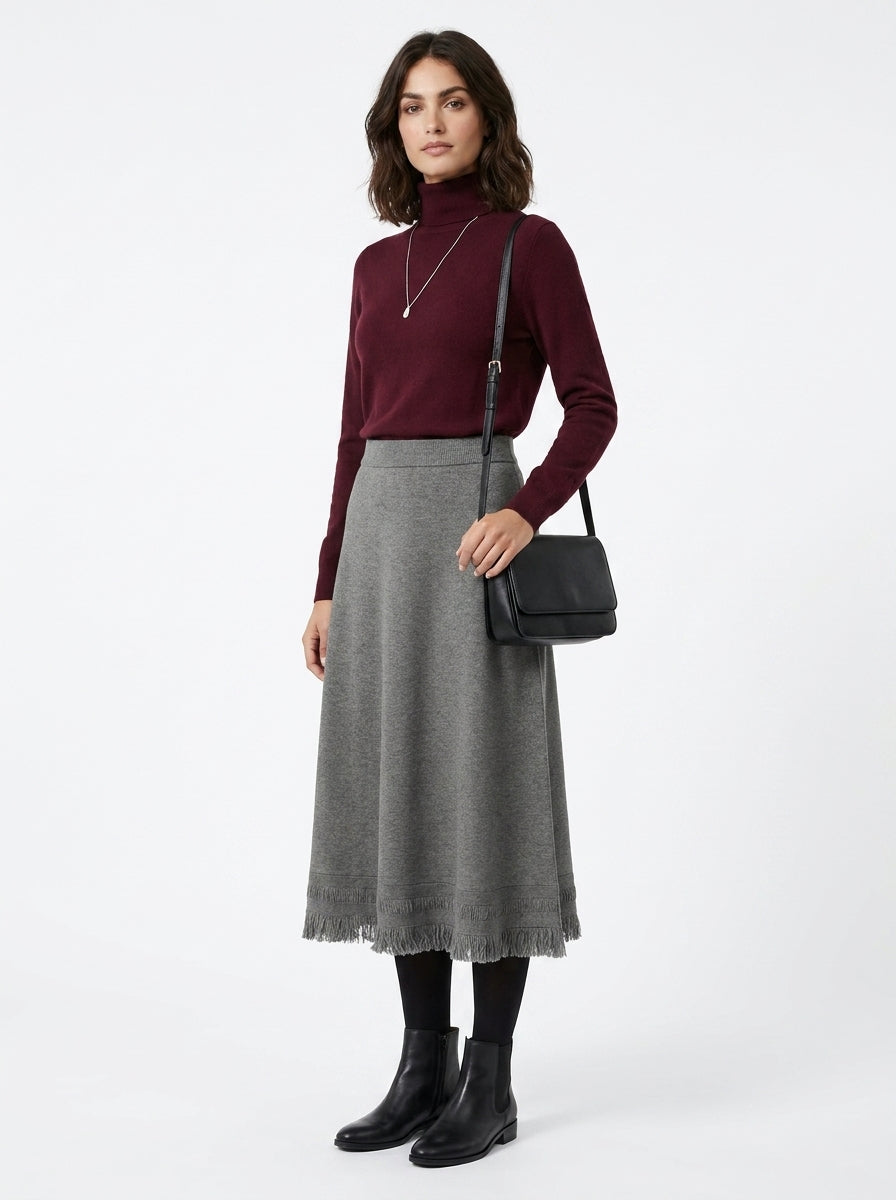 LadyLuxury | Winter Minimalist Knitted A-Line Long Skirt with Tassel Detail