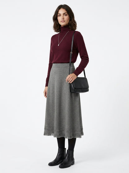 LadyLuxury | Winter Minimalist Knitted A-Line Long Skirt with Tassel Detail
