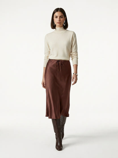 LadyLuxury | Elegant High-Waist Satin Maxi Skirt with Lace - Up Detail