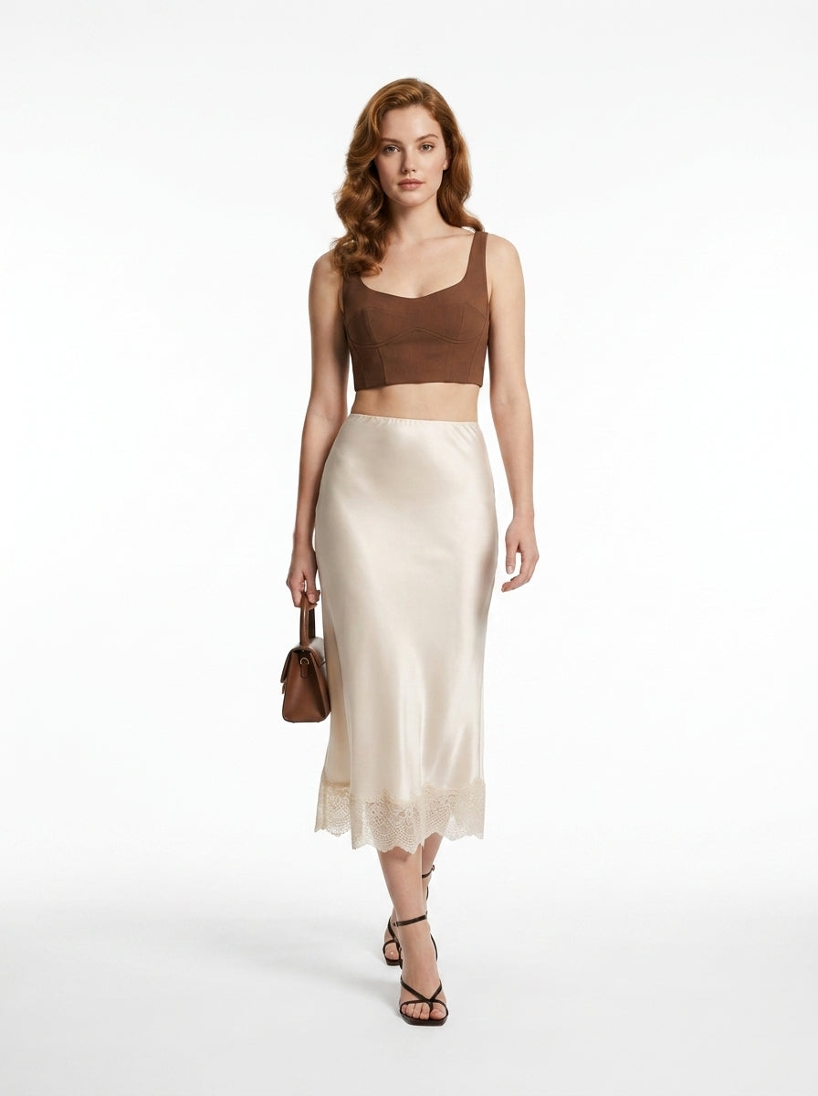 LadyLuxury Elegant Satin Lace Maxi Skirt - Luxury Silk-Feel Long Skirt