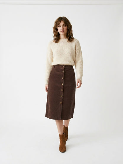 LadyLuxury | Elegant Corduroy Straight Cut Midi Skirt