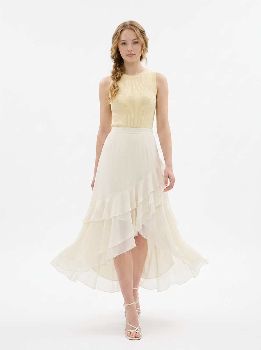 LadyLuxury Elegant Chiffon Fishtail Midi Skirt - High-Waisted A-Line Design