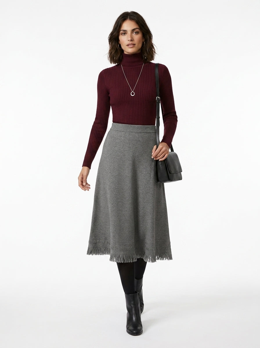 LadyLuxury | Winter Minimalist Knitted A-Line Long Skirt with Tassel Detail