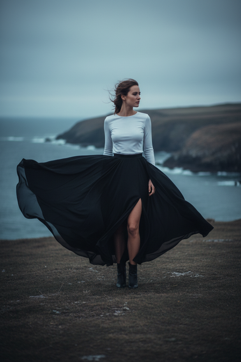 Woman in a white top and black skirt standing on a coastal landscape with cliffs and water.